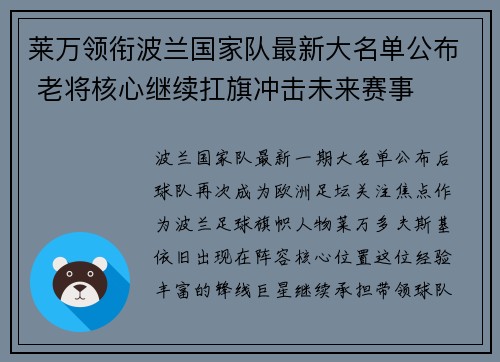 莱万领衔波兰国家队最新大名单公布 老将核心继续扛旗冲击未来赛事